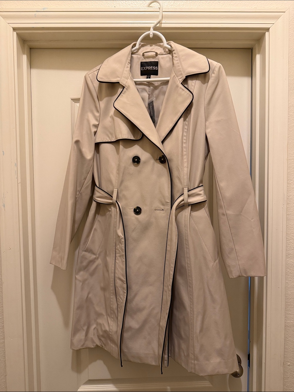 Express Beige Trench Coat with Black Trim